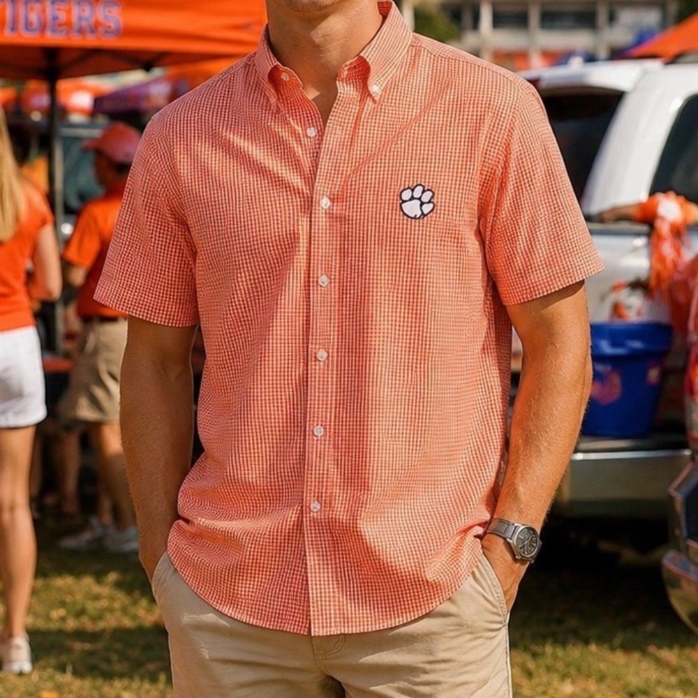 Clemson Tigers Mens Short Sleeve Shirt Top Large Orange Gingham A9